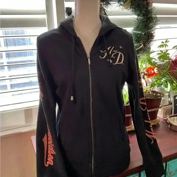 Preloved Vintage Black Harley Davidson embellished Zip Up Hoodie - Picture 3 of 6